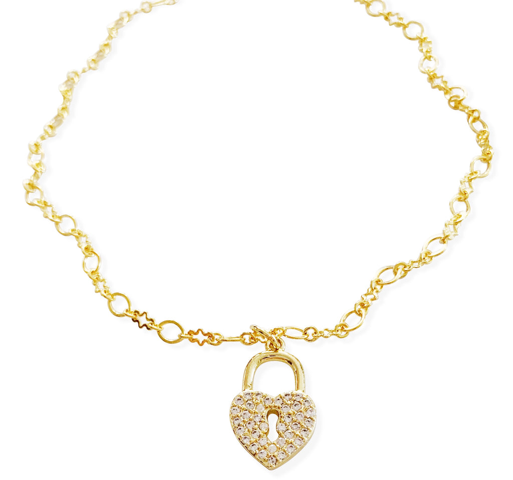Gold Pavé Heart Lock Anklet